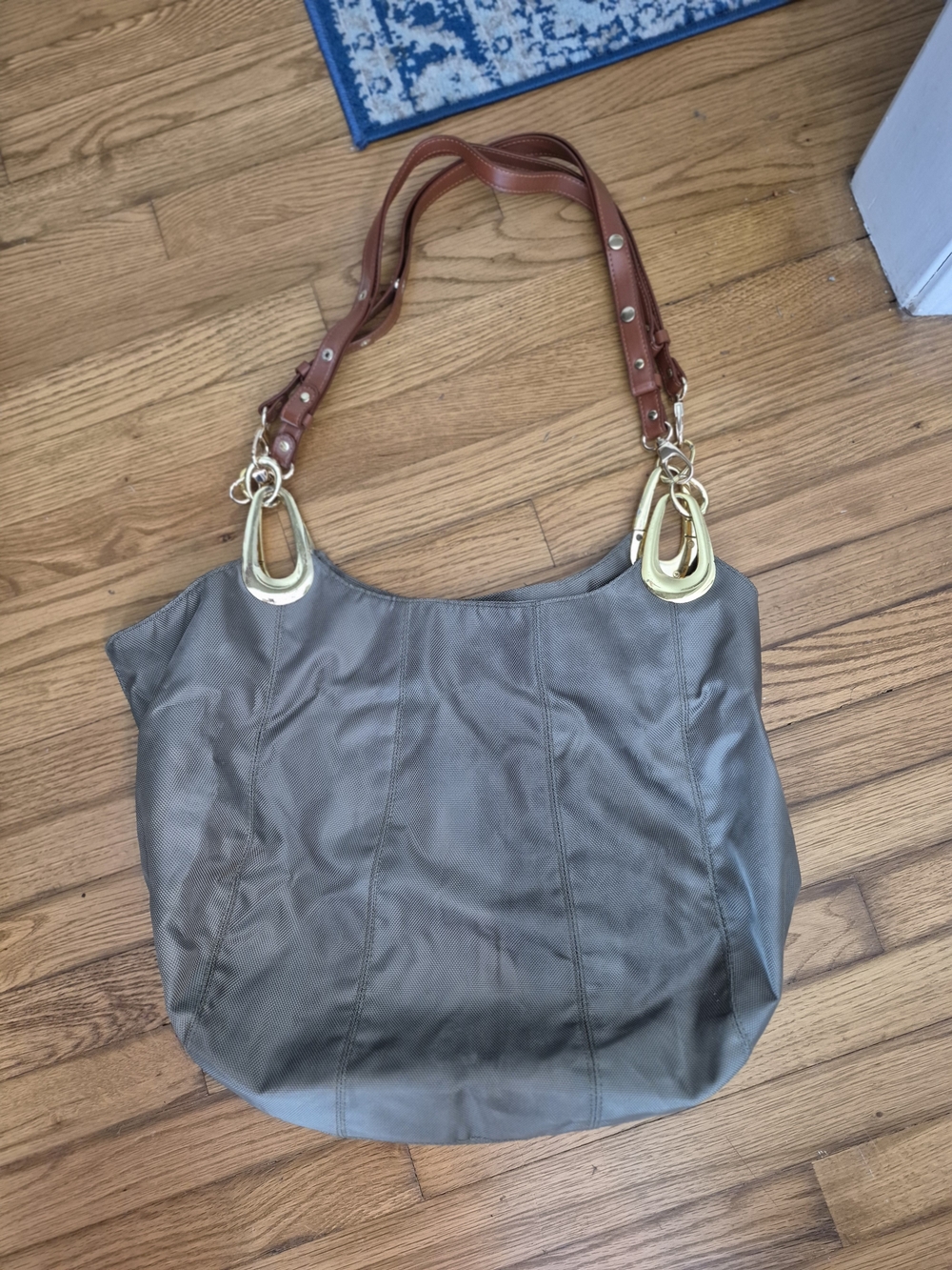 Classic Green Nylon Tote with Brown Leather Handles and Gold Hardware